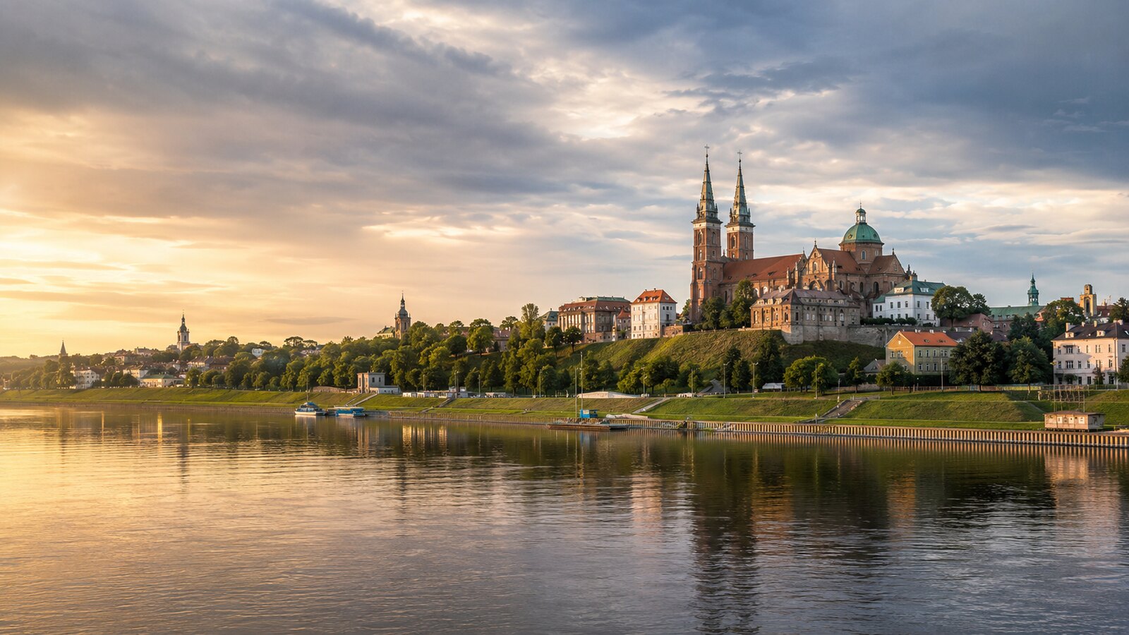 Panorama Płocka nad Wisłą o zachodzie słońca - lokalny portal Płock360.pl